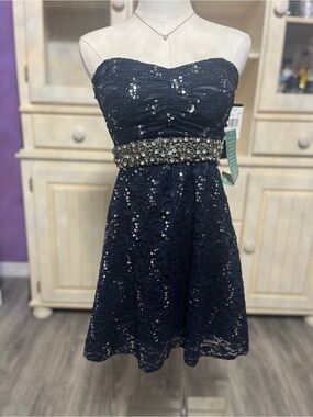 NWT My Michelle Navy Blue Sequin & Lace Strapless Dress - Size 3 homecoming/prom